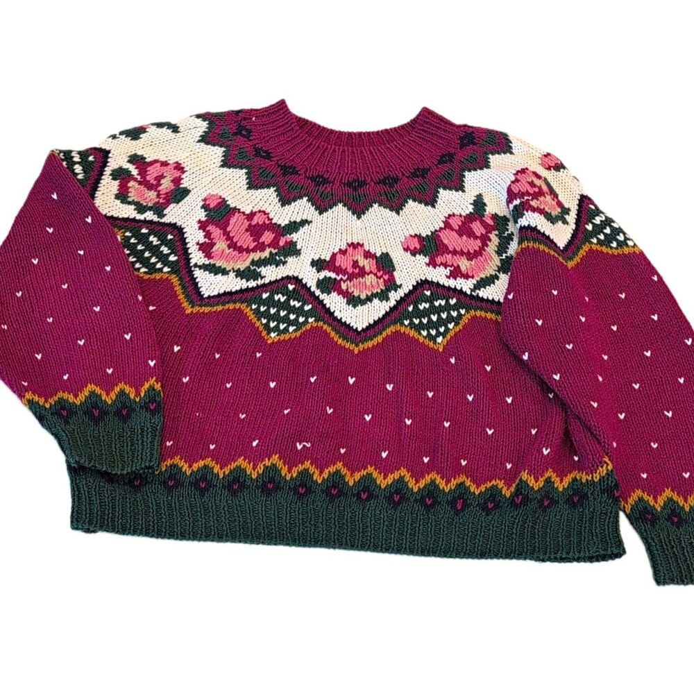 Vintage Nordstrom Hand Knit Floral Fair Isle Sweater Chunky Wool Cottagecore M